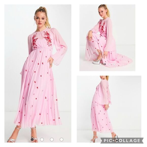 ASOS DESIGN tie back pleated sleeve midi dress in pink with red embroidery - Picture 1 of 15